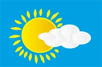 Yellow sun on a blue sky, partially obscured by a cloud graphic