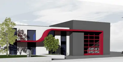 Artist impression of the exterior of the new Crowthorne Fire Station. The exterior building is coloured grey, white and red and is surrounded by trees