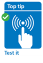 blue background with white icon of finger pressing smoke alarm button. above reads 'top tip' below reads 'test it'