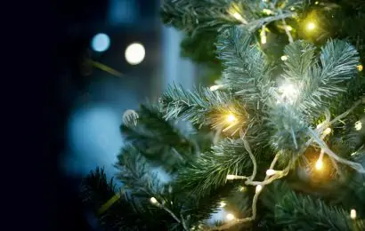 Close up artificial christmas tree with fairy lights attached