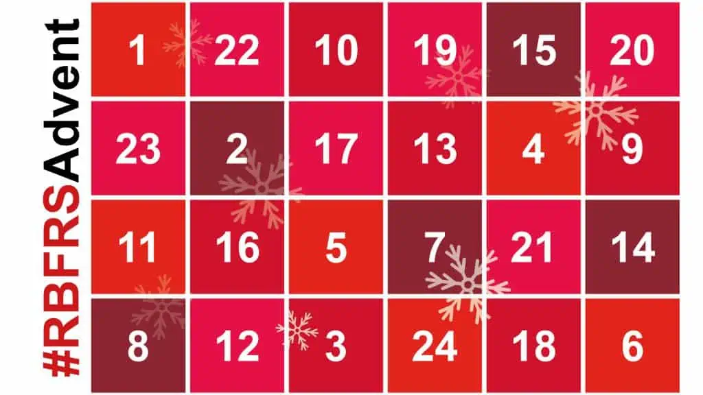 RBFRS Advent graphic showing 24 closed windows that will reveal a safety message throughout the campaign