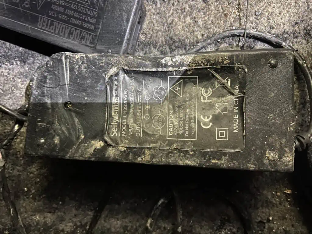 Fire damaged charger for an e-bike
