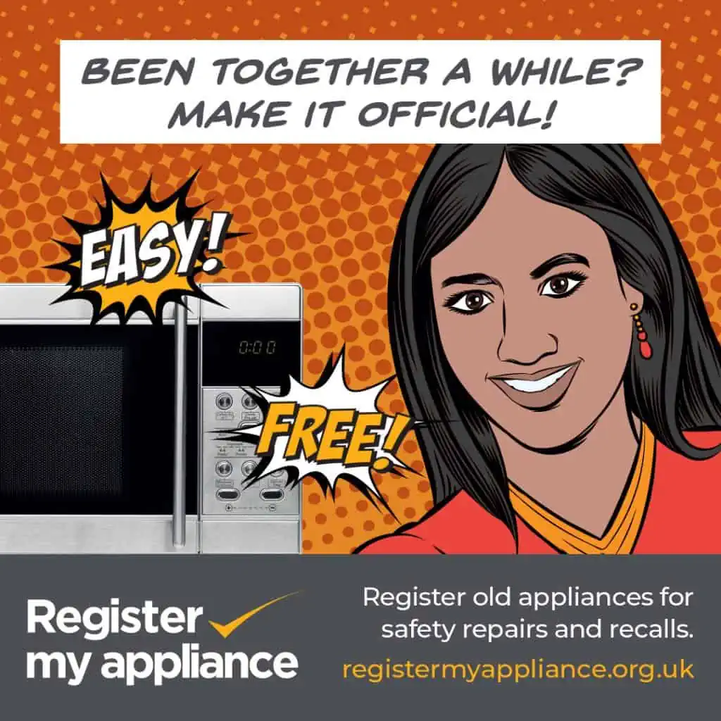 Been together a while? Make it official! A woman looks happy next to a Microwave