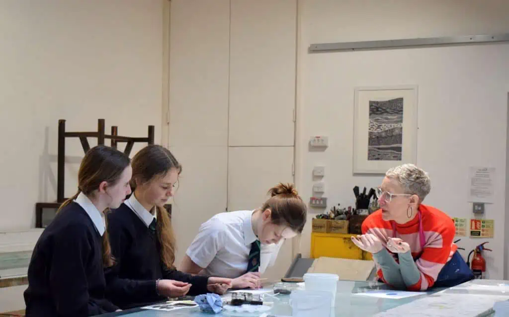 Three students from King’s Academy Binfield with Lead Artist Hermione Thomson in South Hill Park Arts Centre’s print studio.
Credit: James Bray (student at Bracknell & Wokingham College)
