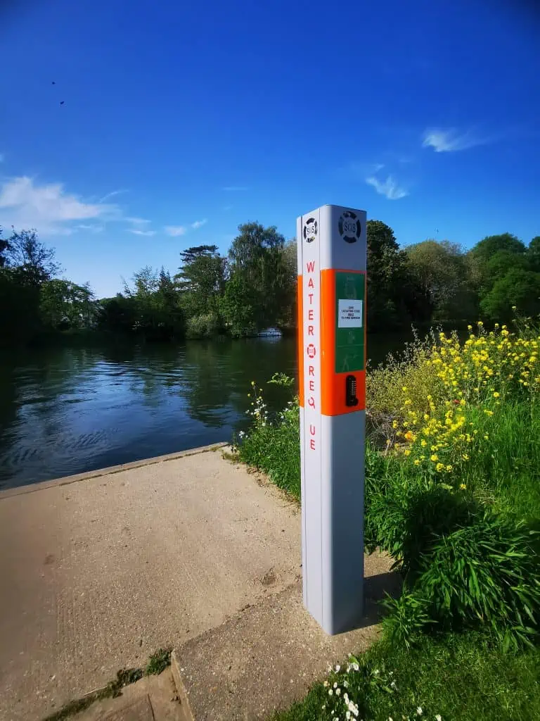 Water Safety throwline located inside a cabinet next to the River Thames in Pangbourne
