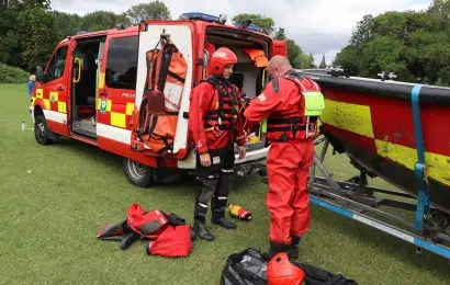 Crews from Royal Berkshire Fire and Rescue Service demonstrate water rescue techniques in the River Thames near Pangbourne.