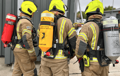 Firefighters from Berkshire, Buckinghamshire and Oxfordshire wearing breathing apparatus