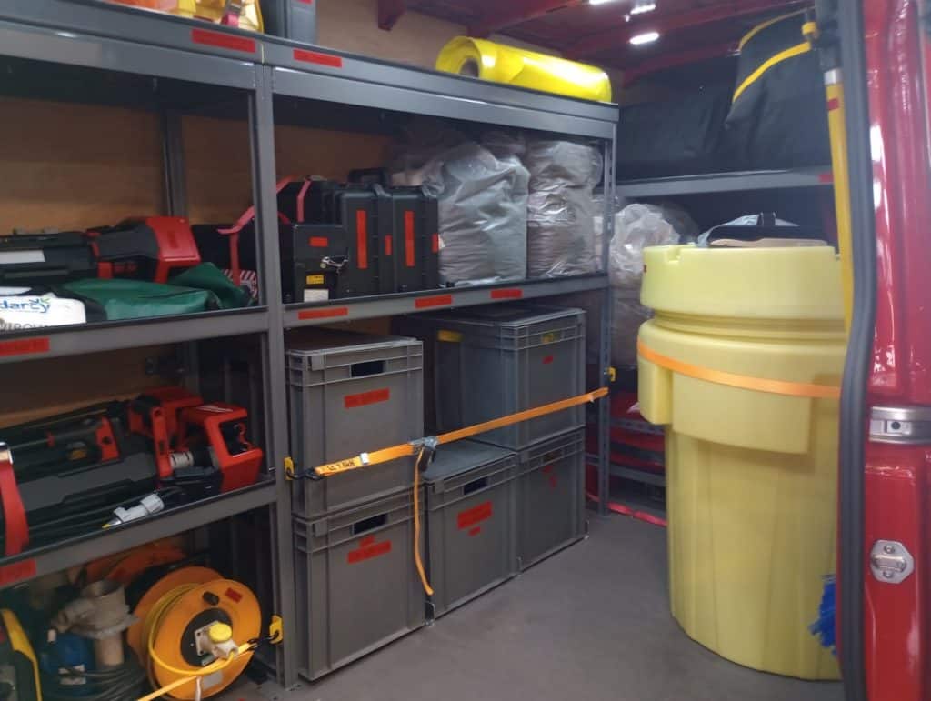 Decontamination and environmental protection gear stored inside fire rescue vehicle for safety and r.