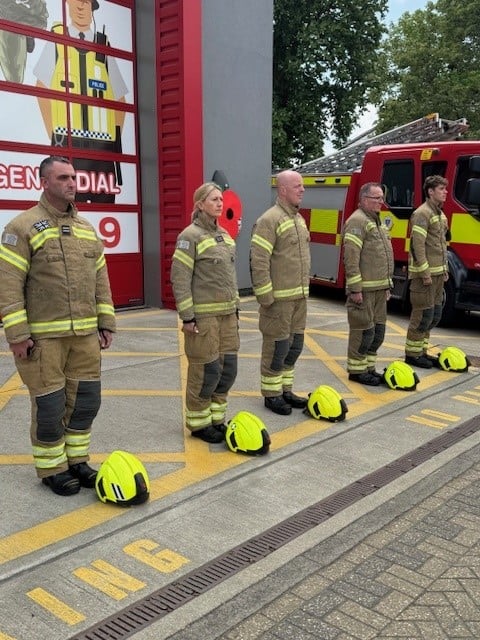 Firefighters in uniform at VE Day anniversary event, Royal Berkshire Fire and Rescue Service.