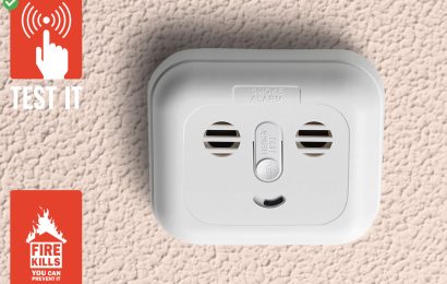 Smoke alarm on the ceiling. In the top corner is a "Test It" icon. In the bottom corner is the Fire Kills logo