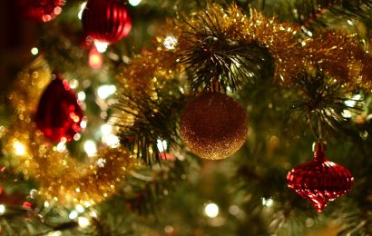 Baubles and tinsel on a Christmas tree