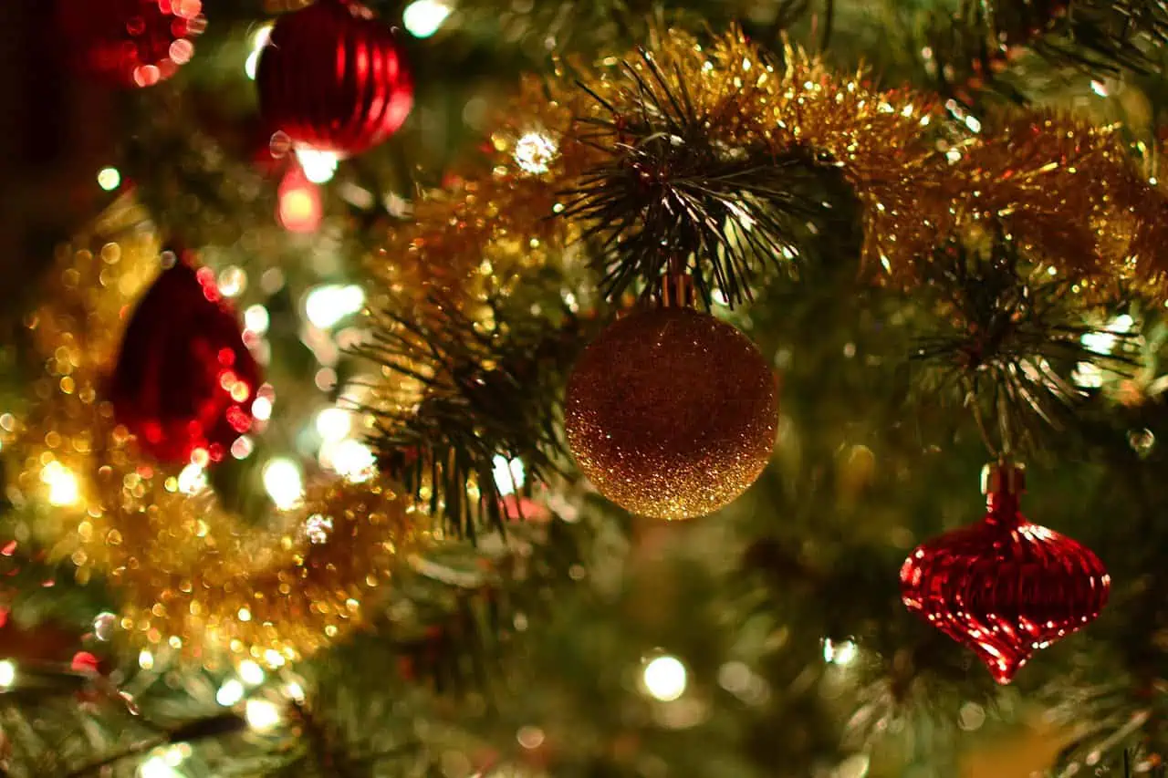Baubles and tinsel on a Christmas tree