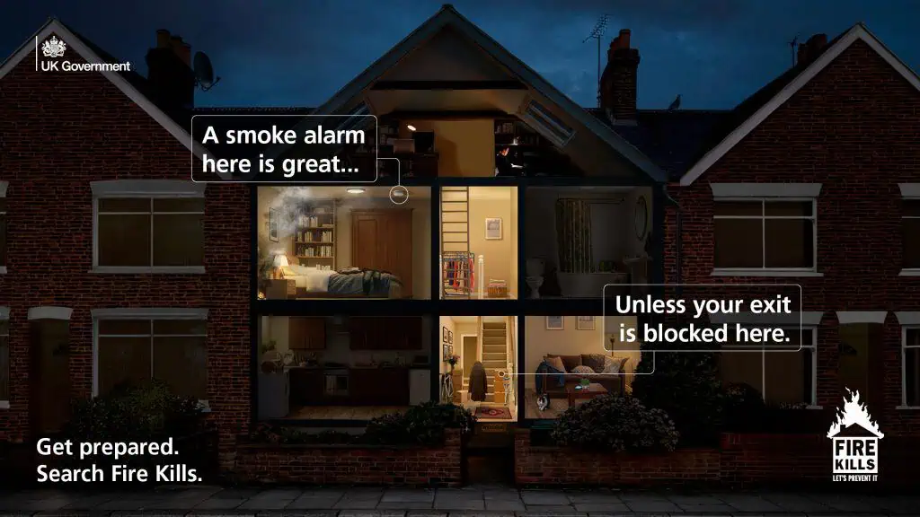 Smoke alarm warning in residential property during fire emergency.
